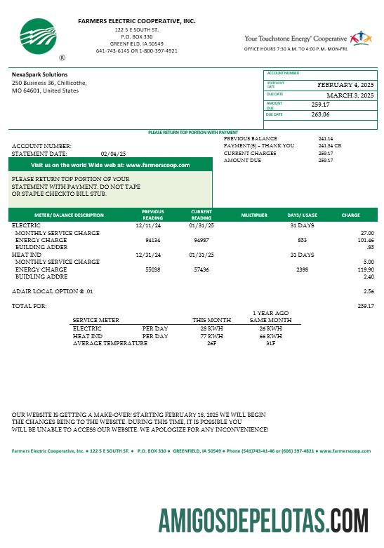 Em branco modelo de conta de serviços públicos de cooperativa elétrica de fazendeiros dos EUA Ohio em formatos Word e PDF, versão 2
